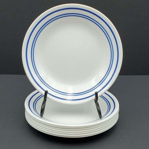 Corelle Classic Cafe Blue Bread Dessert Plates White Plates Dark Navy Blue Bands - Picture 1 of 5